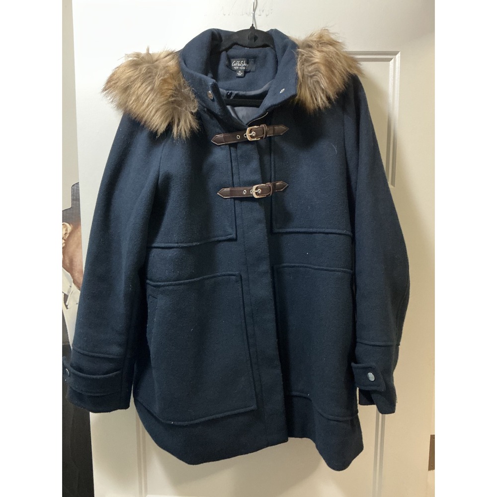 CoffeeShop New York Womens Navy Blue Faux Fur Hood Duffle Coat Parka XL